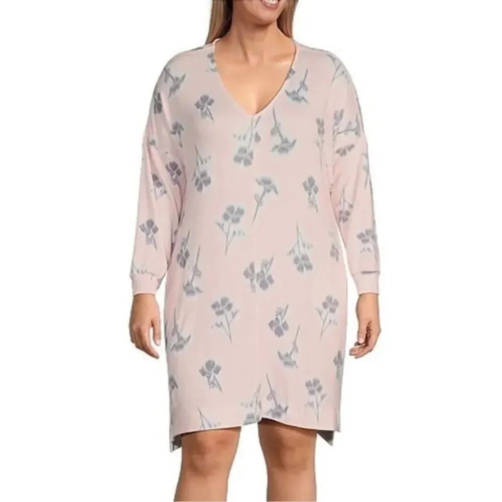 DK 2X Pink White Gray Heather Rose Brushed Mark Jersey Long Sleeve Lounge Gown